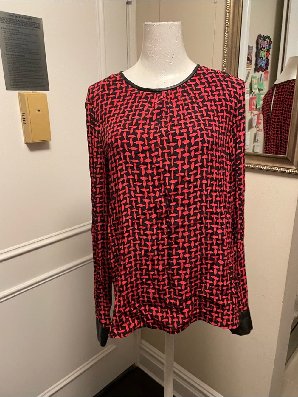 Zara red geometric top with faux leather trim
